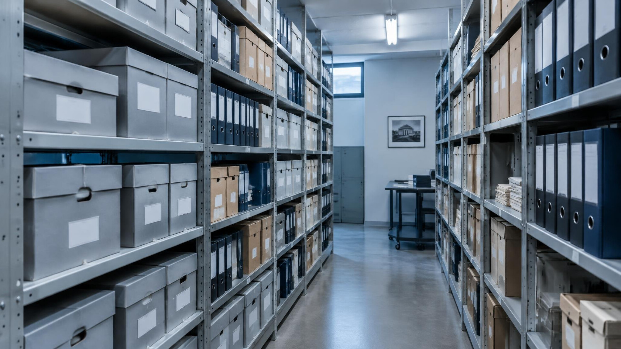 Rows of archive shelves filled with document boxes