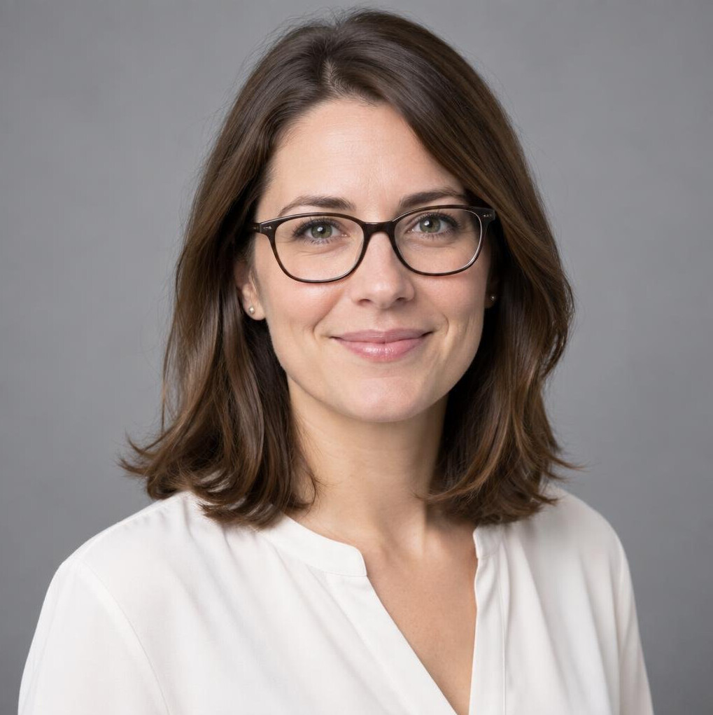 Studio portrait of a European woman researcher with glasses