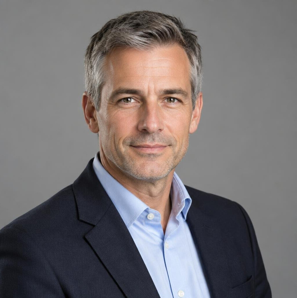 Studio portrait of a Swiss man in his forties wearing a blazer